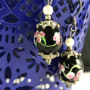 Black floral glass bead earrings